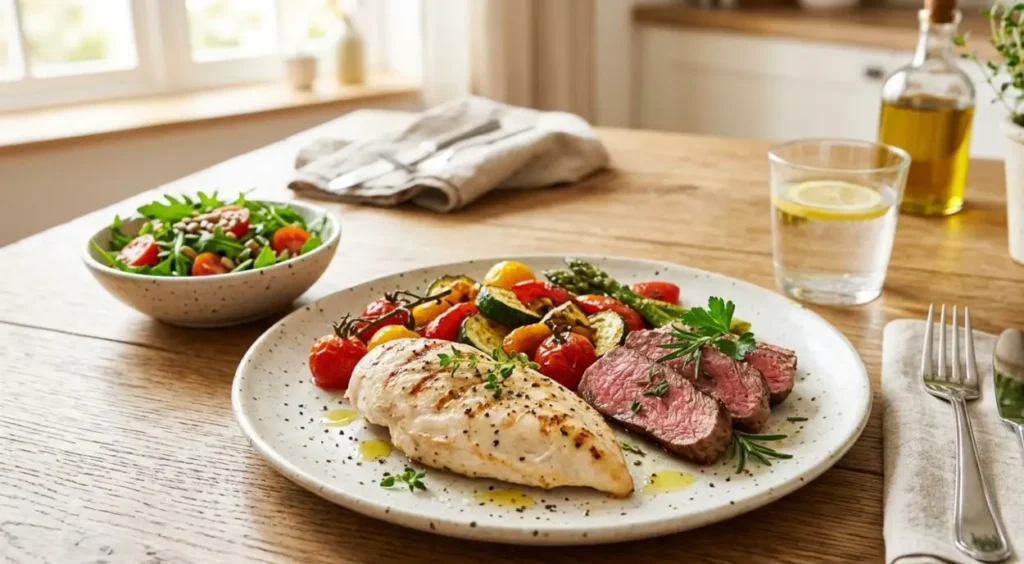 Dosi consigliate di carne bianca e rossa Un piatto bilanciato con una porzione di petto di pollo alla griglia, fette di carne rossa e verdure arrostite su un tavolo in legno.