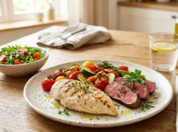 Un piatto bilanciato con una porzione di petto di pollo alla griglia, fette di carne rossa e verdure arrostite su un tavolo in legno.