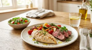 Dosi consigliate di carne bianca e rossa Un piatto bilanciato con una porzione di petto di pollo alla griglia, fette di carne rossa e verdure arrostite su un tavolo in legno.