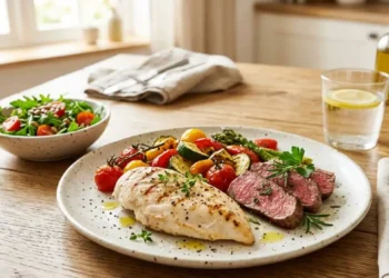 Dosi consigliate di carne bianca e rossa Un piatto bilanciato con una porzione di petto di pollo alla griglia, fette di carne rossa e verdure arrostite su un tavolo in legno.