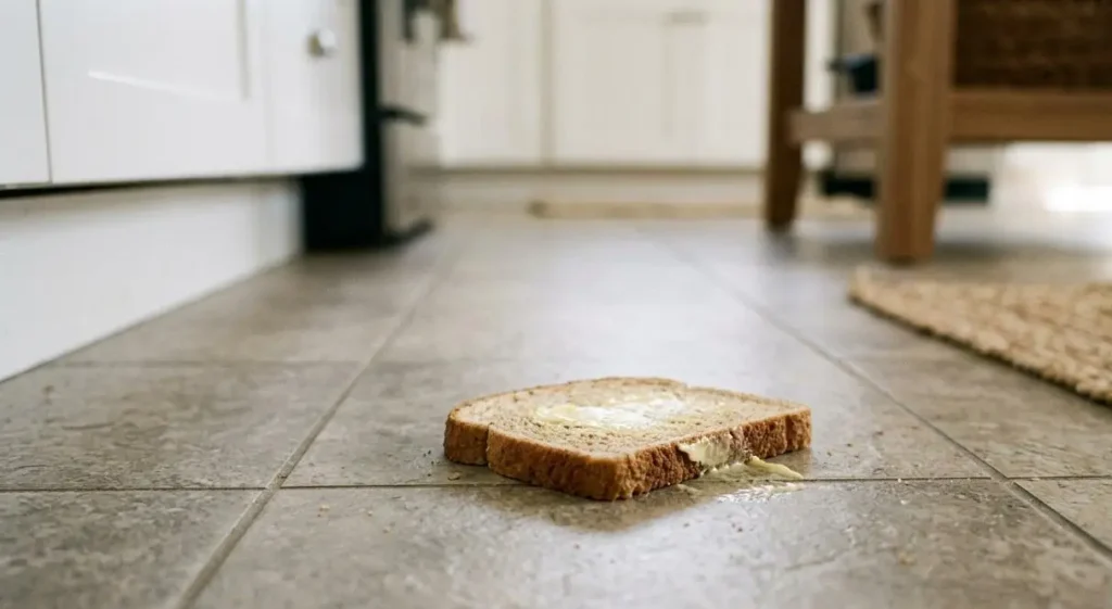 Una fetta di pane integrale imburrata caduta sul pavimento in piastrelle di una cucina.