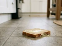 Una fetta di pane integrale imburrata caduta sul pavimento in piastrelle di una cucina.