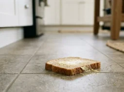 Una fetta di pane integrale imburrata caduta sul pavimento in piastrelle di una cucina.