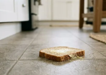 Una fetta di pane integrale imburrata caduta sul pavimento in piastrelle di una cucina.