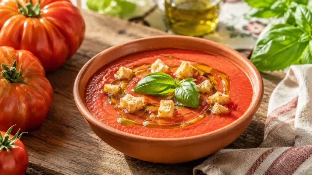 Una ciotola di gazpacho all'italiana guarnita con crostini di pane e un filo d'olio d'oliva