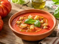 Una ciotola di gazpacho all'italiana guarnita con crostini di pane e un filo d'olio d'oliva