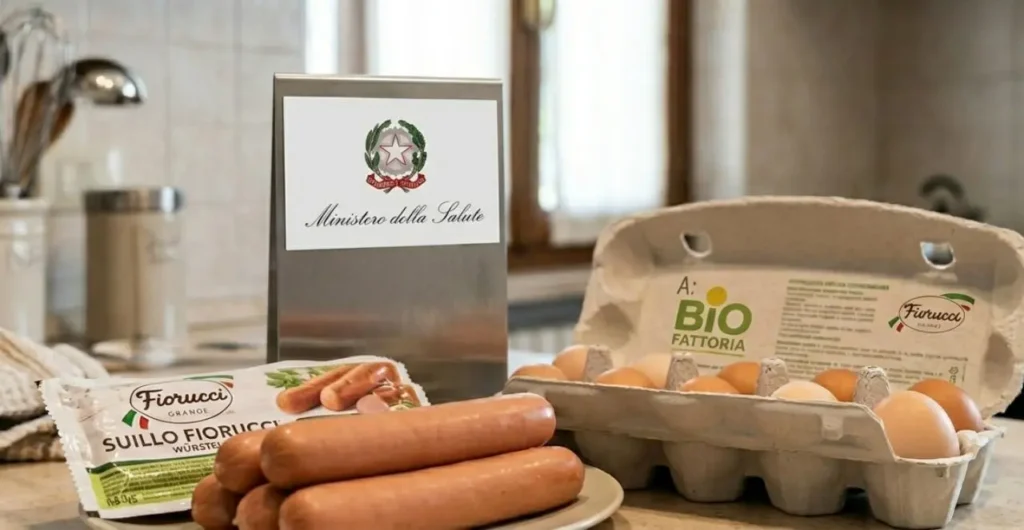 richiamo-alimentare-ministero-salute-fiorucci-uova Prodotti alimentari sul tavolo di una cucina con in primo piano una confezione di würstel Fiorucci e uova fresche, affiancati dal logo ufficiale del Ministero della Salute per un avviso di richiamo.