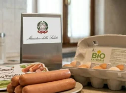 richiamo-alimentare-ministero-salute-fiorucci-uova Prodotti alimentari sul tavolo di una cucina con in primo piano una confezione di würstel Fiorucci e uova fresche, affiancati dal logo ufficiale del Ministero della Salute per un avviso di richiamo.