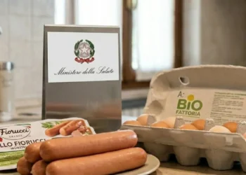 richiamo-alimentare-ministero-salute-fiorucci-uova Prodotti alimentari sul tavolo di una cucina con in primo piano una confezione di würstel Fiorucci e uova fresche, affiancati dal logo ufficiale del Ministero della Salute per un avviso di richiamo.