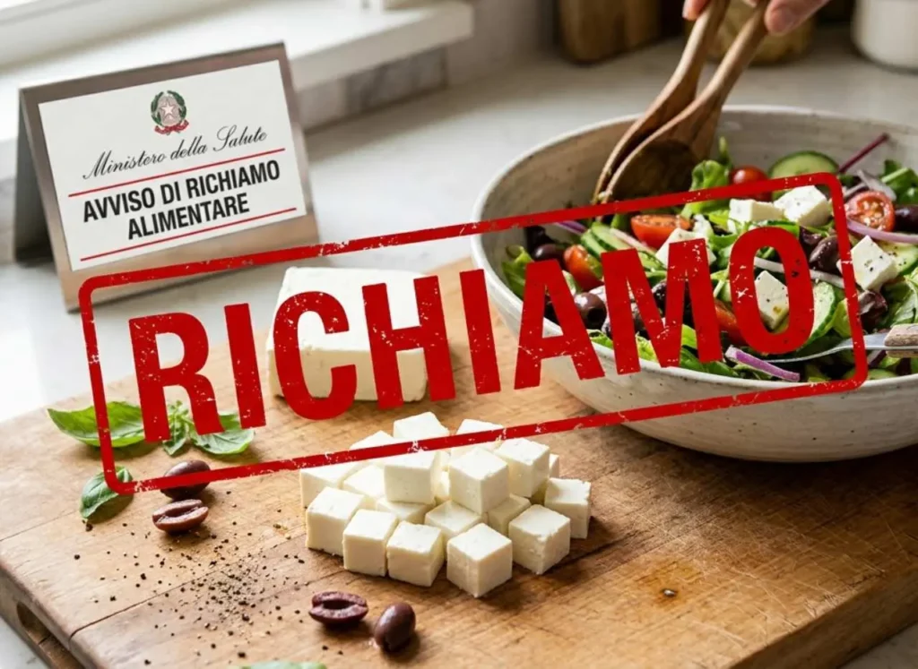 Insalata in preparazione in una ciotola con cubetti di formaggio feta sul tagliere di legno in primo piano, sormontata da un timbro grafico rosso con la scritta RICHIAMO.