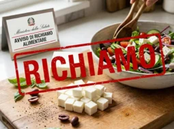 richiamo-feta-dop-cubetti Insalata in preparazione in una ciotola con cubetti di formaggio feta sul tagliere di legno in primo piano, sormontata da un timbro grafico rosso con la scritta RICHIAMO.