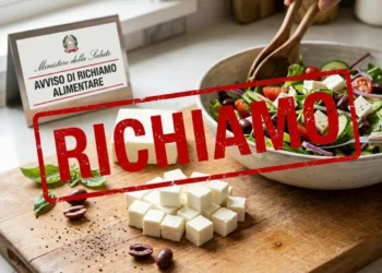 richiamo-feta-dop-cubetti Insalata in preparazione in una ciotola con cubetti di formaggio feta sul tagliere di legno in primo piano, sormontata da un timbro grafico rosso con la scritta RICHIAMO.