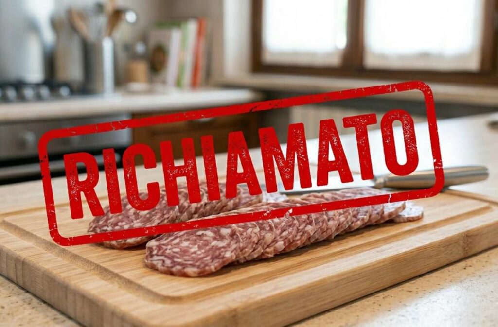 Primo piano di un salame tagliato a fette su un tagliere di legno in cucina, sormontato da una scritta rossa grafica a forma di timbro con il testo RICHIAMATO.