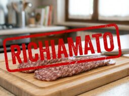 richiamo-salame-tagliere-del-re-aldi Primo piano di un salame tagliato a fette su un tagliere di legno in cucina, sormontato da una scritta rossa grafica a forma di timbro con il testo RICHIAMATO.