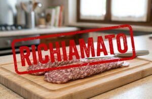 Primo piano di un salame tagliato a fette su un tagliere di legno in cucina, sormontato da una scritta rossa grafica a forma di timbro con il testo RICHIAMATO.