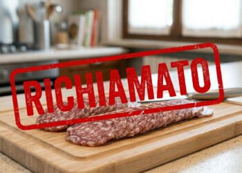 richiamo-salame-tagliere-del-re-aldi Primo piano di un salame tagliato a fette su un tagliere di legno in cucina, sormontato da una scritta rossa grafica a forma di timbro con il testo RICHIAMATO.