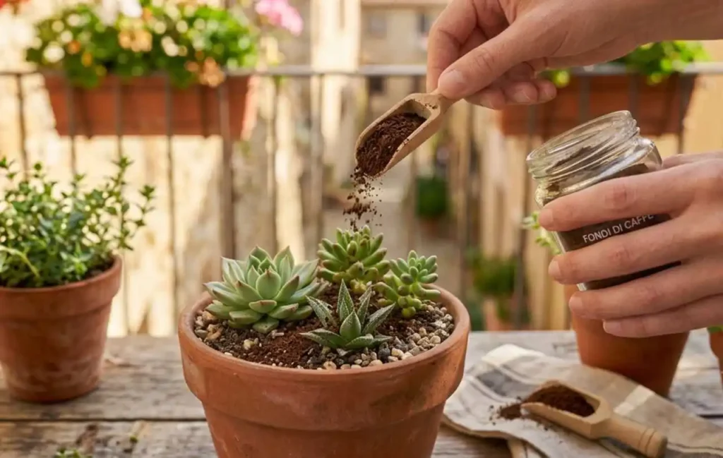 riciclare-fondi-di-caffe-nei-vasi-contro-formiche-balcone Mano che distribuisce polvere di fondi di caffè asciutti sulla terra di un vaso sul balcone
