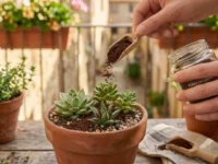 Mano che distribuisce polvere di fondi di caffè asciutti sulla terra di un vaso sul balcone