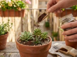riciclare-fondi-di-caffe-nei-vasi-contro-formiche-balcone Mano che distribuisce polvere di fondi di caffè asciutti sulla terra di un vaso sul balcone