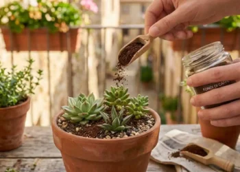 riciclare-fondi-di-caffe-nei-vasi-contro-formiche-balcone Mano che distribuisce polvere di fondi di caffè asciutti sulla terra di un vaso sul balcone