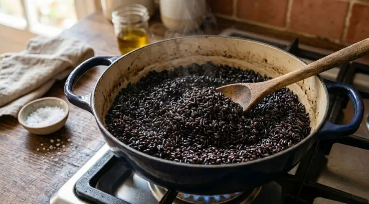 Portate a bollore un’ampia pentola di acqua salata. Versate il riso, mescolate e lasciate cuocere a fiamma media per esattamente 5 minuti. Spegnete, coprite con un coperchio sigillando bene la pentola e non toccatelo per 25 minuti. Trascorso questo tempo, il riso avrà assorbito l’acqua necessaria e sarà cotto al dente. Scolatelo e passatelo sotto un getto rapido di acqua fredda per bloccare la cottura, poi lasciatelo asciugare sgranandolo con una forchetta.