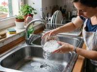 Mano che versa un cucchiaio di sale grosso nello scarico del lavandino della cucina per eliminare i cattivi odori.