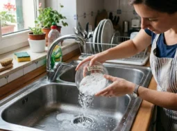 Mano che versa un cucchiaio di sale grosso nello scarico del lavandino della cucina per eliminare i cattivi odori.