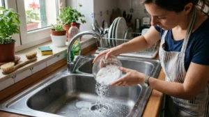 Sale grosso nel lavandino della cucina Mano che versa un cucchiaio di sale grosso nello scarico del lavandino della cucina per eliminare i cattivi odori.
