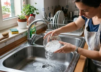 Sale grosso nel lavandino della cucina Mano che versa un cucchiaio di sale grosso nello scarico del lavandino della cucina per eliminare i cattivi odori.