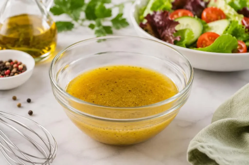 Salsa vinaigrette pronta da servire in una ciotola di vetro, ideale per condire insalate, verdure e piatti freddi.