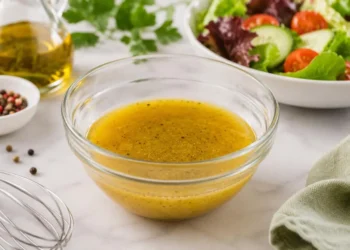 Salsa vinaigrette pronta da servire in una ciotola di vetro, ideale per condire insalate, verdure e piatti freddi.