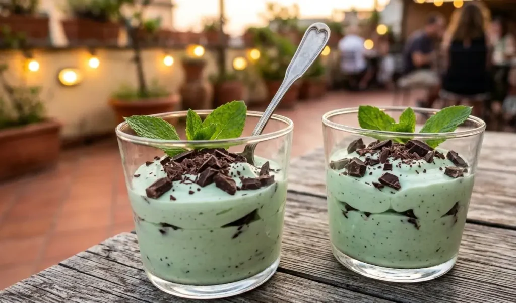 Semifreddo alla menta e cioccolato in bicchiere Due bicchierini di semifreddo alla menta verde pastello con scaglie di cioccolato fondente e foglie di menta fresca su un tavolo in legno all'aperto.