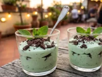 Due bicchierini di semifreddo alla menta verde pastello con scaglie di cioccolato fondente e foglie di menta fresca su un tavolo in legno all'aperto.