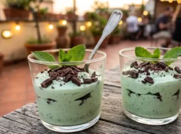 Due bicchierini di semifreddo alla menta verde pastello con scaglie di cioccolato fondente e foglie di menta fresca su un tavolo in legno all'aperto.
