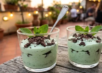 Semifreddo alla menta e cioccolato in bicchiere Due bicchierini di semifreddo alla menta verde pastello con scaglie di cioccolato fondente e foglie di menta fresca su un tavolo in legno all'aperto.
