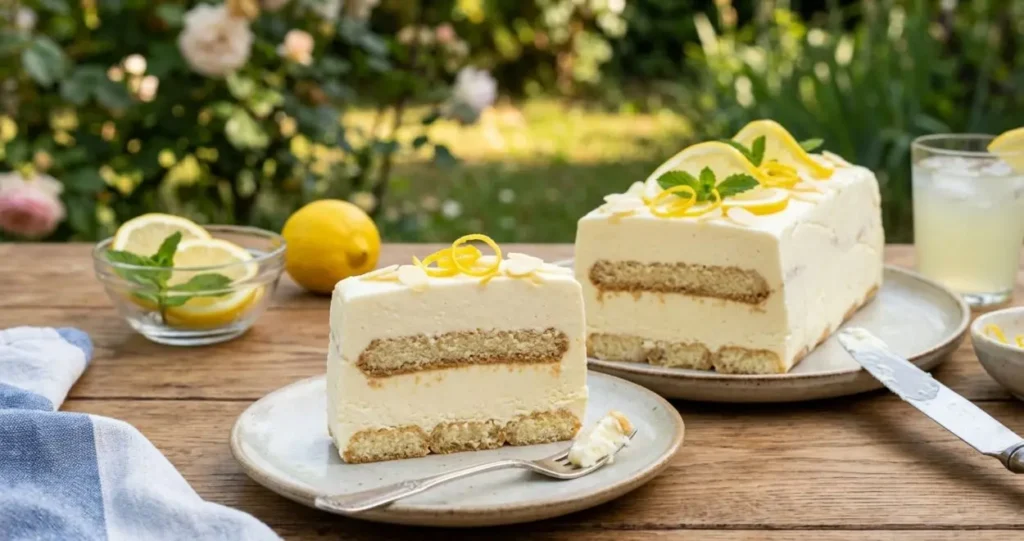 Semifreddo veloce al limone e mascarpone senza uova Fetta di semifreddo al limone e mascarpone servita su un piattino, con la mattonella intera sullo sfondo decorata con fette di limone e menta fresca su un tavolo di legno all'aperto.