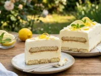 Fetta di semifreddo al limone e mascarpone servita su un piattino, con la mattonella intera sullo sfondo decorata con fette di limone e menta fresca su un tavolo di legno all'aperto.