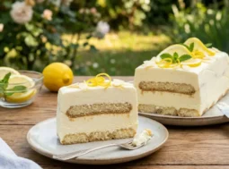 Semifreddo veloce al limone e mascarpone senza uova Fetta di semifreddo al limone e mascarpone servita su un piattino, con la mattonella intera sullo sfondo decorata con fette di limone e menta fresca su un tavolo di legno all'aperto.