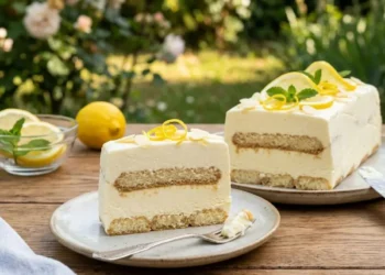 Fetta di semifreddo al limone e mascarpone servita su un piattino, con la mattonella intera sullo sfondo decorata con fette di limone e menta fresca su un tavolo di legno all'aperto.
