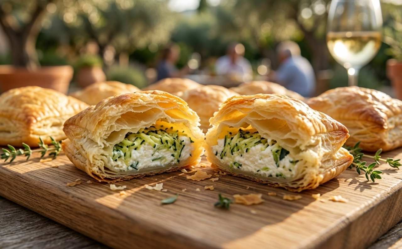 Primo piano di un quadrotto di pasta sfoglia tagliato a metà, con ripieno visibile di ricotta e zucchine grattugiate, adagiato su un tagliere di legno con sfondo sfocato.