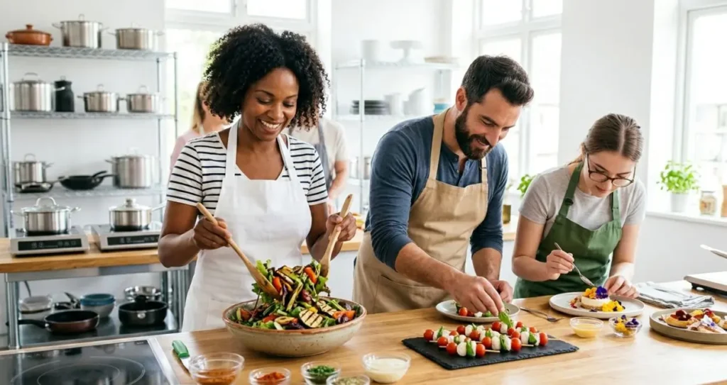 Preparazione di piatti sicuri e salutari in cucina Un gruppo di persone sorridenti che prepara piatti freschi e insalate in una cucina pulita e luminosa, seguendo le buone pratiche di igiene alimentare.