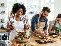 Un gruppo di persone sorridenti che prepara piatti freschi e insalate in una cucina pulita e luminosa, seguendo le buone pratiche di igiene alimentare.