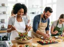 Preparazione di piatti sicuri e salutari in cucina Un gruppo di persone sorridenti che prepara piatti freschi e insalate in una cucina pulita e luminosa, seguendo le buone pratiche di igiene alimentare.
