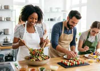 Preparazione di piatti sicuri e salutari in cucina Un gruppo di persone sorridenti che prepara piatti freschi e insalate in una cucina pulita e luminosa, seguendo le buone pratiche di igiene alimentare.