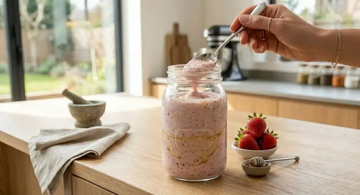Agitate il barattolo energicamente con le mani in senso verticale per esattamente 2 minuti senza fermarvi. Questo movimento ingloberà aria ed emulsionerà la panna con lo yogurt. Aprite il barattolo, unisci le fragole a pezzetti e mescolate delicatamente con un cucchiaio con movimenti delicati dal basso verso l’alto, evitando di smontare il composto.