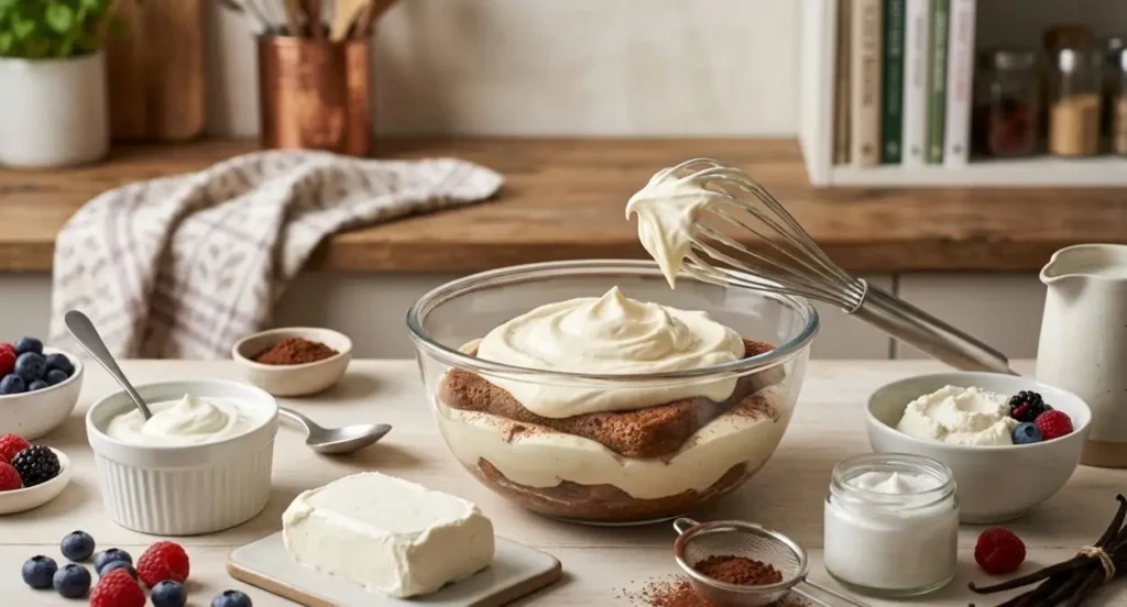 Come sostituire il mascarpone nelle ricette Ingredienti alternativi al mascarpone disposti su un tavolo da cucina per preparare dolci e tiramisù leggeri