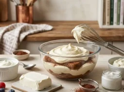 Come sostituire il mascarpone nelle ricette Ingredienti alternativi al mascarpone disposti su un tavolo da cucina per preparare dolci e tiramisù leggeri