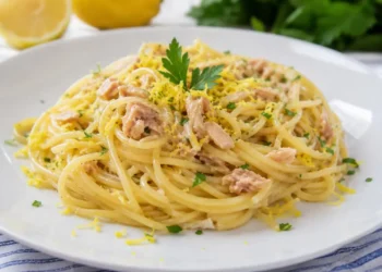 Spaghetti Tonno e Limone – Ricetta Facile e Veloce della Cucina Mediterranea Piatto di spaghetti con tonno e limone servito su piatto bianco, guarnito con scorza di limone grattugiata e prezzemolo fresco.