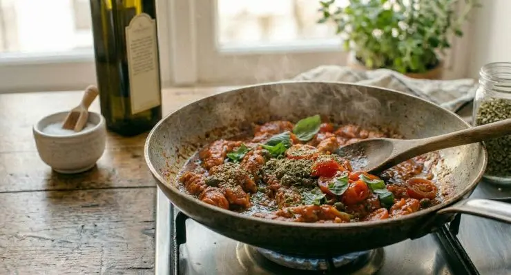 Abbassate la fiamma e lasciate cuocere per altri 3 minuti. Il succo dei pomodorini si stringerà creando un sughetto saporito. Spegnete il fuoco, regolate di sale e pepe, spolverizzate con abbondante origano secco e spezzettate a mano qualche foglia di basilico. Servite caldi o tiepidi con tanto pane per la scarpetta!