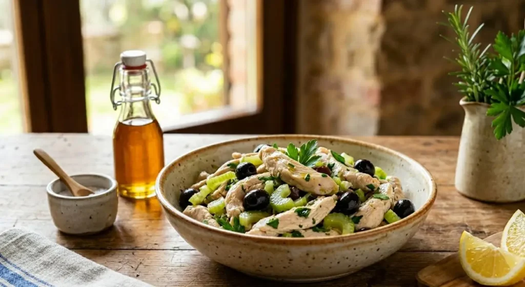 Straccetti di pollo freddi con olive e sedano Straccetti di pollo saporiti con olive nere e sedano in una ciotola di ceramica su tavola di legno
